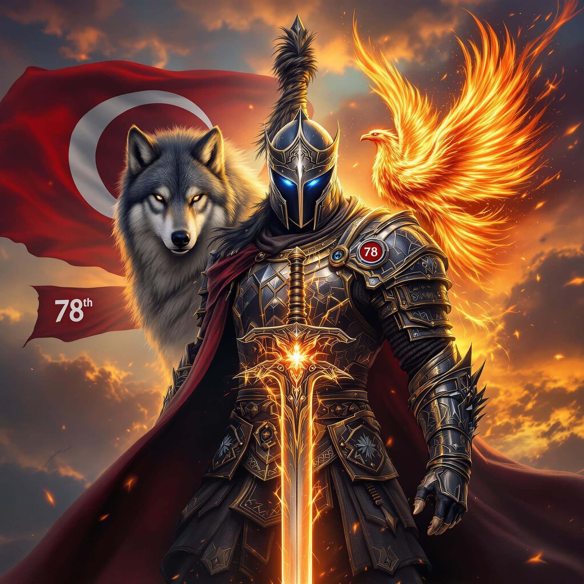 AI generated: A fierce Knight warrior clad in traditional armor inspired by ancient Turkish mythology, holding a s...