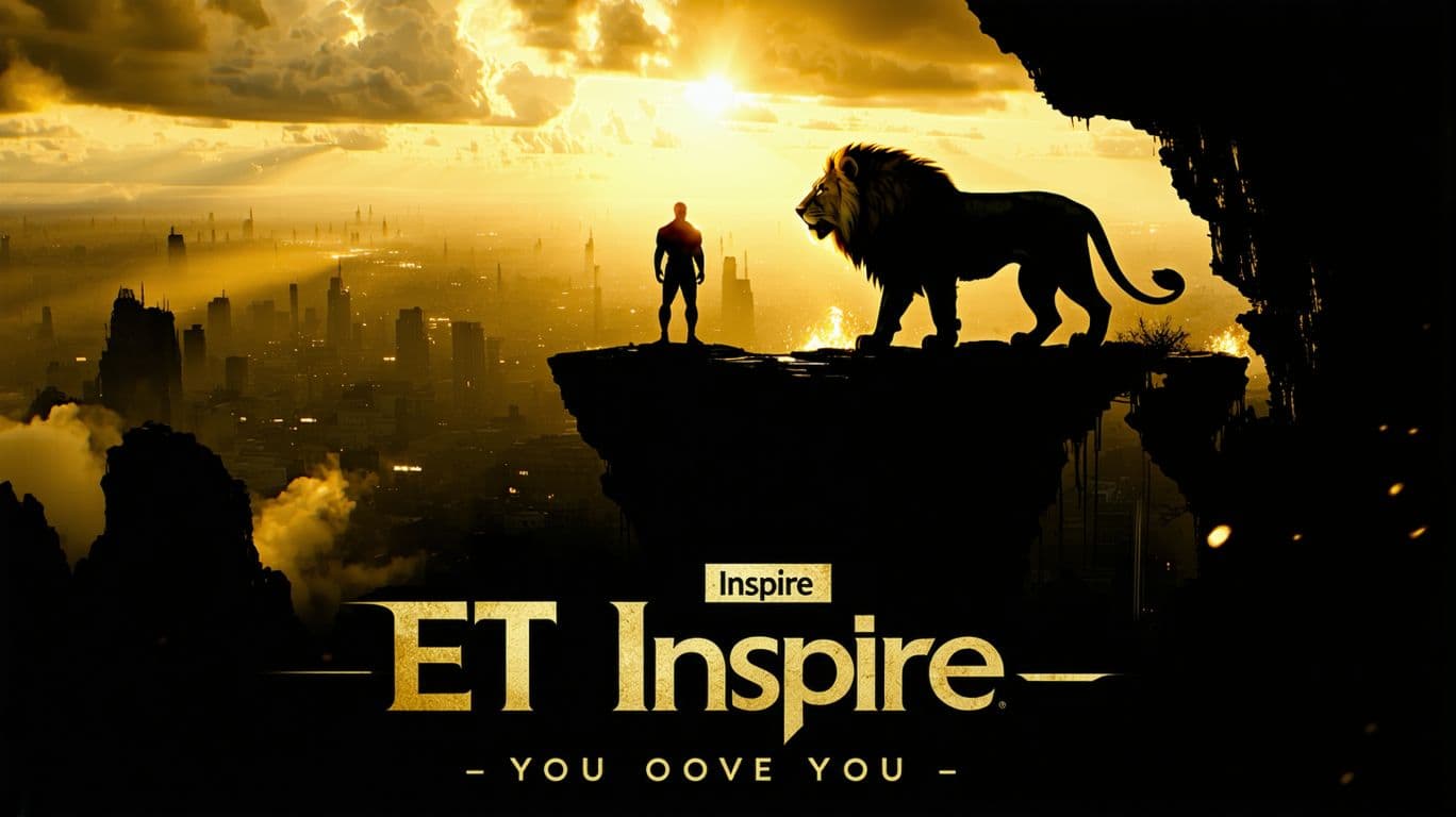 AI generated: Epic cinematic YouTube banner for a motivational channel called ET Inspire. A powerful lion standing...