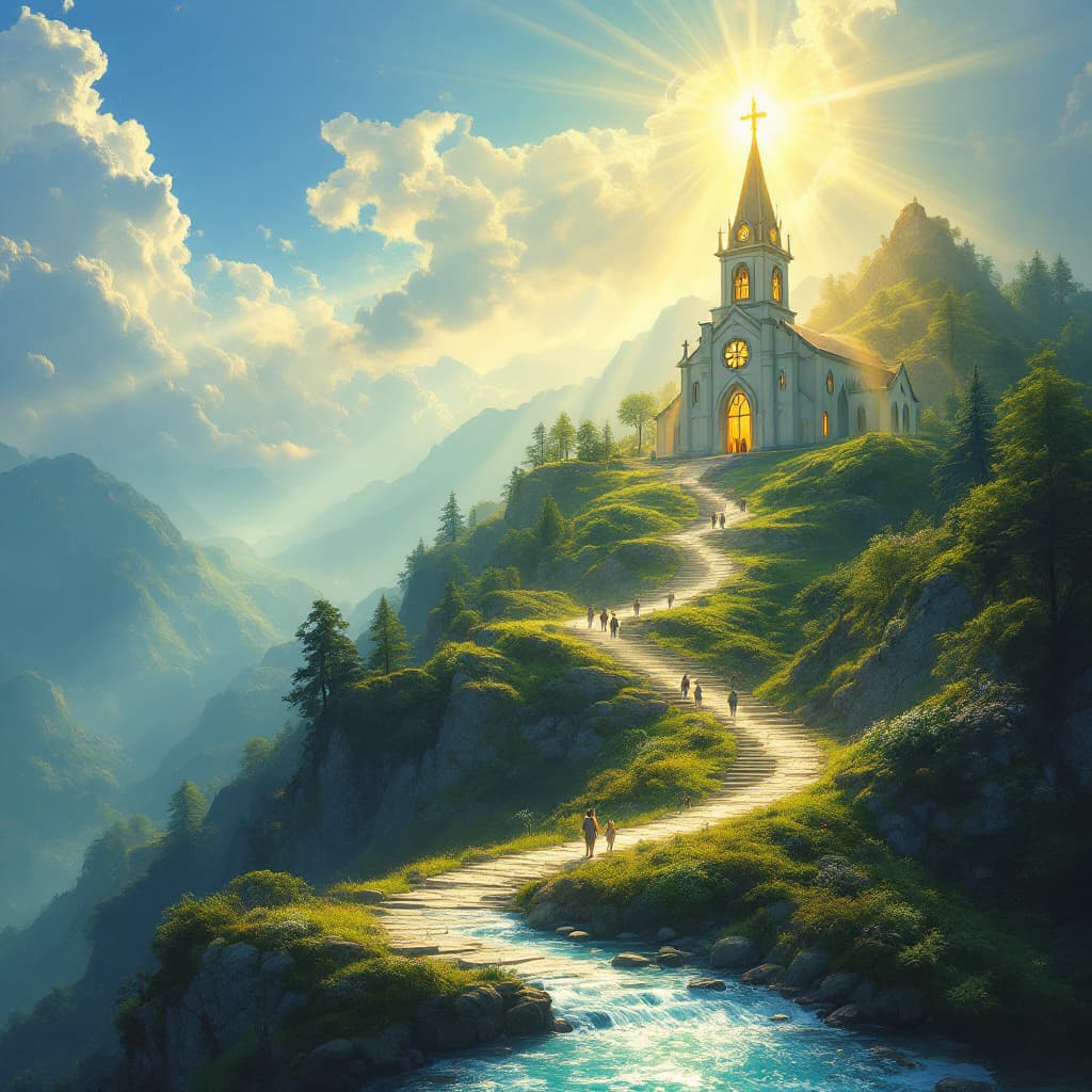 AI generated: Promnt: Una iglesia radiante situada en la cima de una colina, destacándose como el lugar más import...