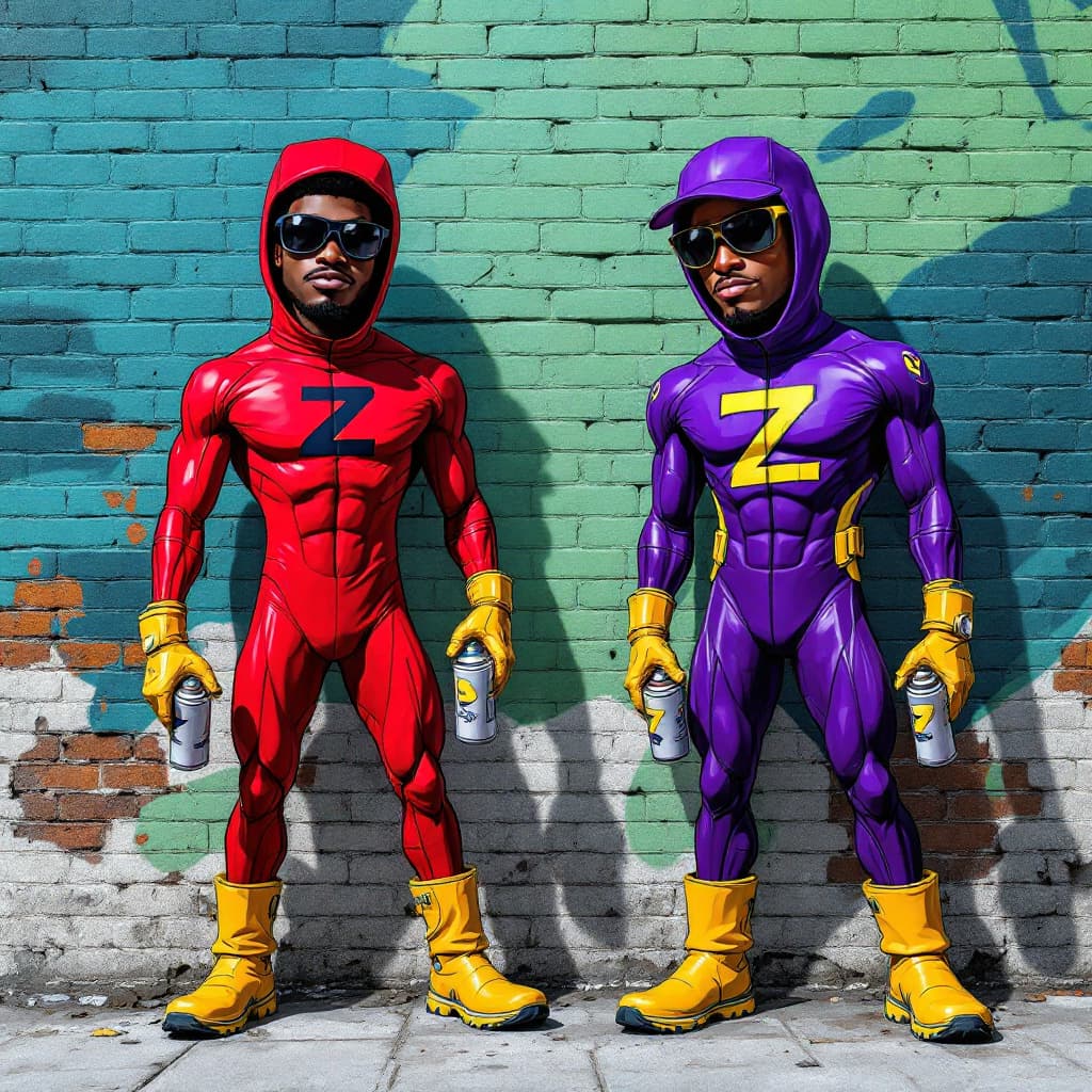 AI generated: hyper real on a brick wall A BLACKMAN IN A RED SPANDEX SUIT with a zoz logo on his chest , WITH YELL...