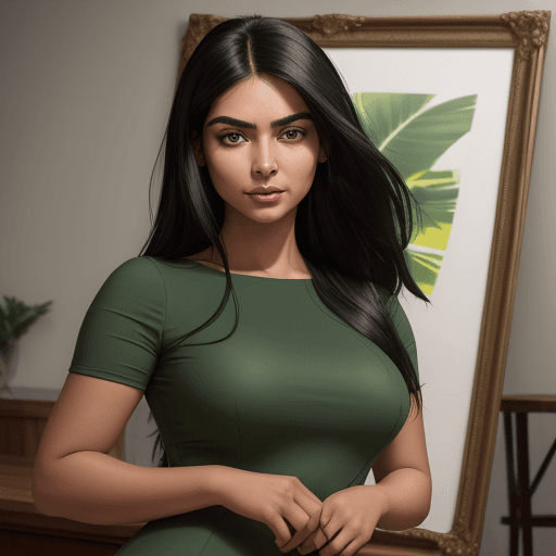 AI generated: High resolution of a beautiful ecuadorian woman in a green Midi Dress with Round Neck, that radiates...