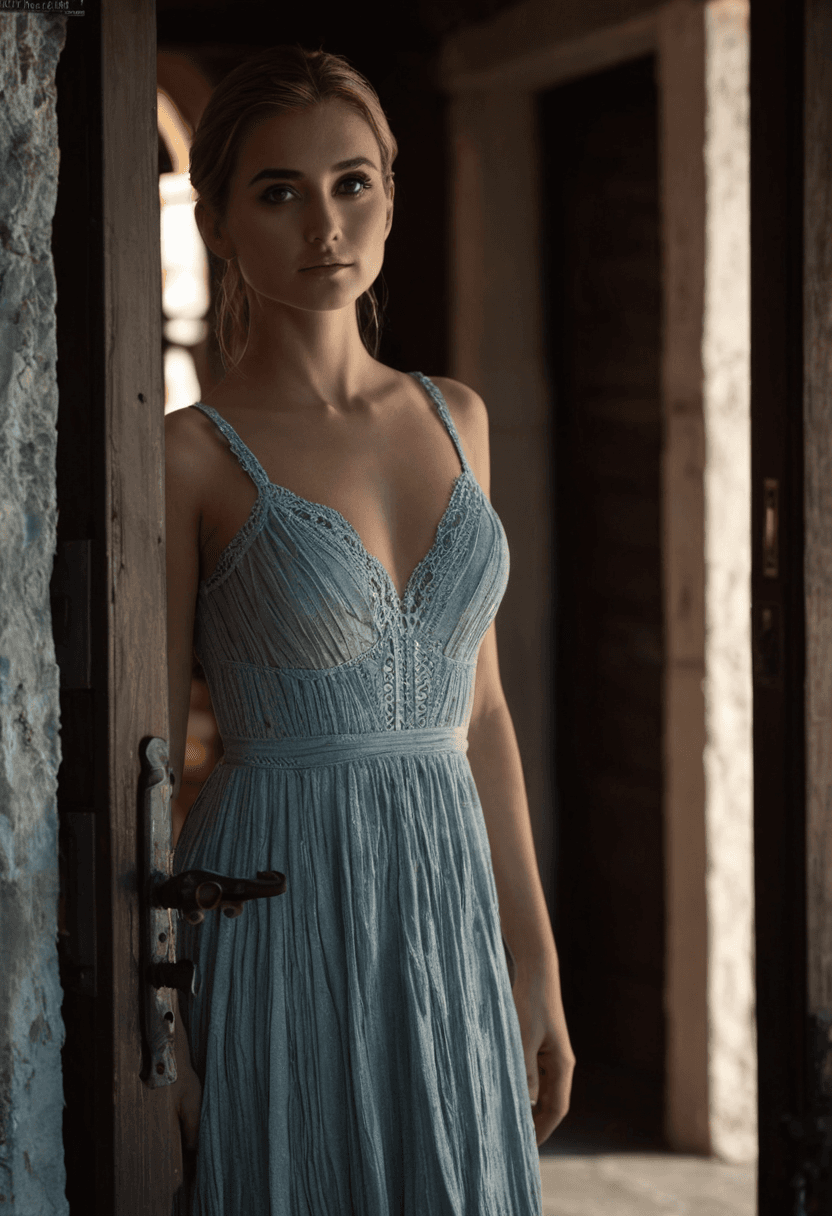 AI generated: concept art wearing a dress,standing in doorway,perfect face,beautiful face,lots of fine detail,outd...