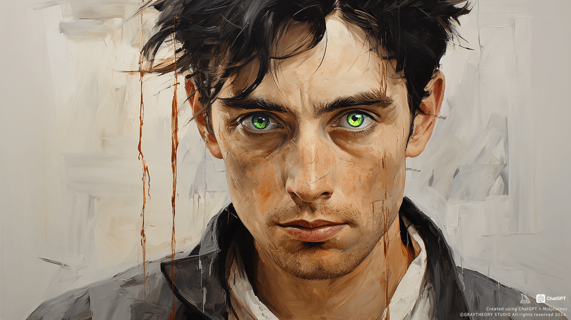 AI generated: Casual man, oil painting, grainy painting, Empty eye, minimalist Russian avant-garde drawing, many d...