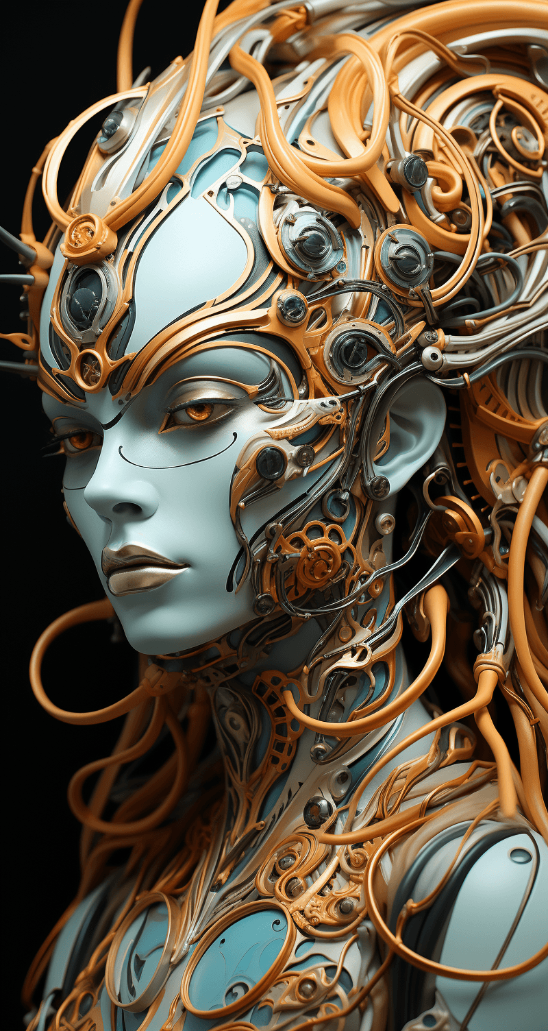 AI generated: alien cyborg art and illustration by theo el, in the style of balanced symmetry, light orange and cy...