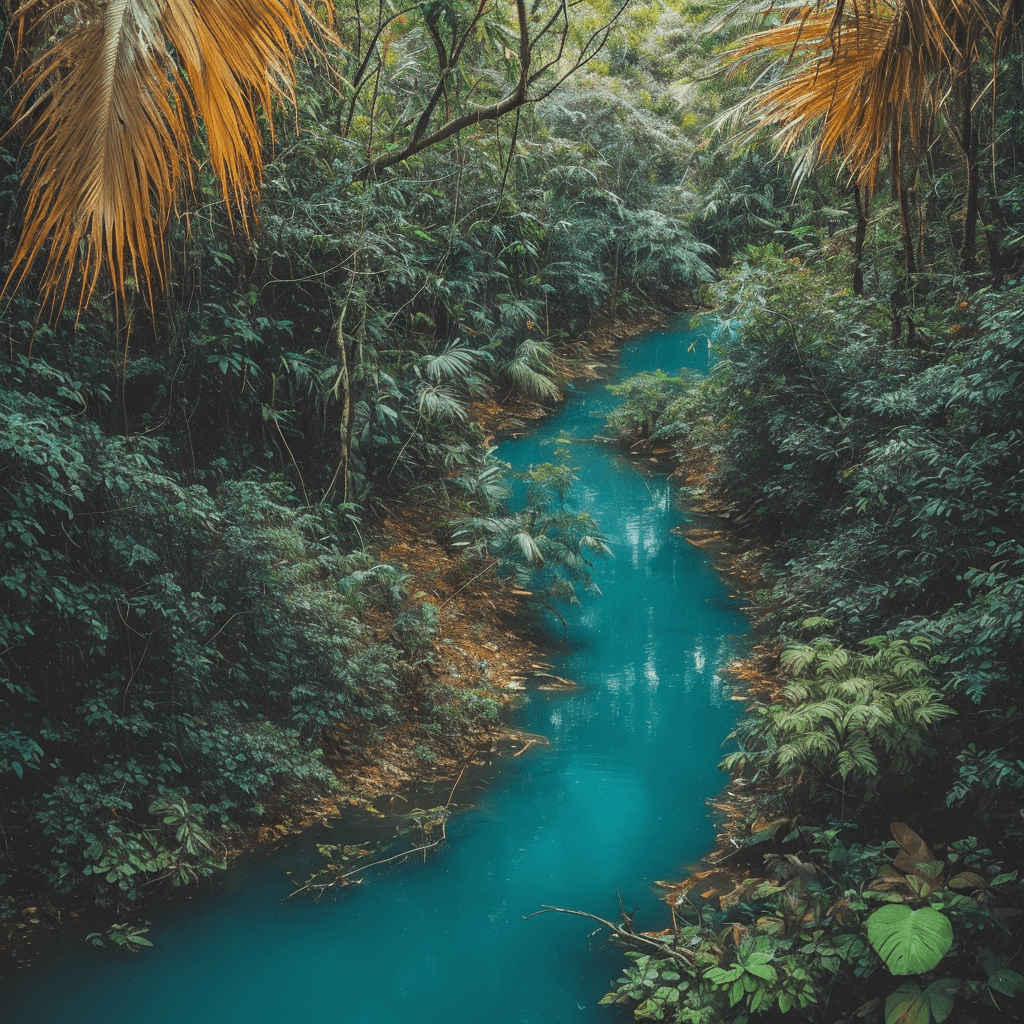 AI generated: uhd, cinematic still of a tilt-shift photo of a jungles river,[[[aerial]]], ( (Cool Tones),Amber_Tea...