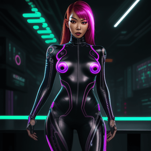 AI generated: cyborg, asian, metal skin, busty, cyberpunk, neon lights, tight catsuit