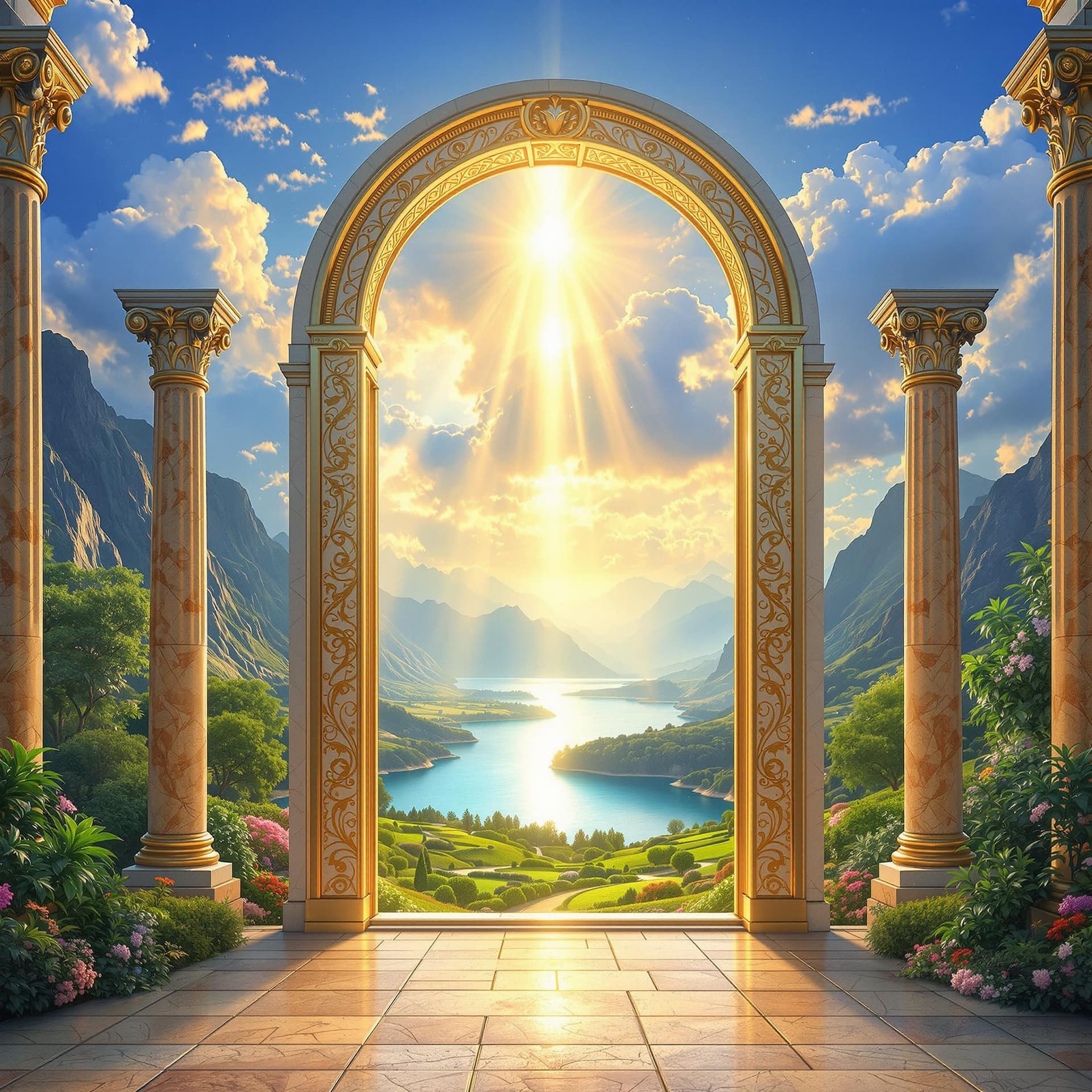 AI generated: A majestic golden gate opening to a heavenly landscape, bathed in divine sunlight. Ancient marble co...