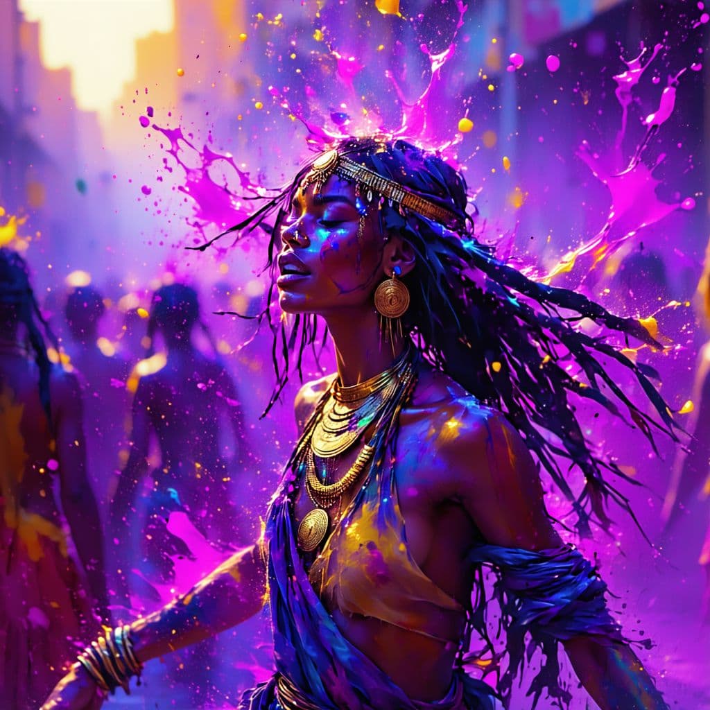 AI generated: [Truck right,Pan left,Tracking shot] She´s dancing on a festival, with gold jewelry and vibrant colo...
