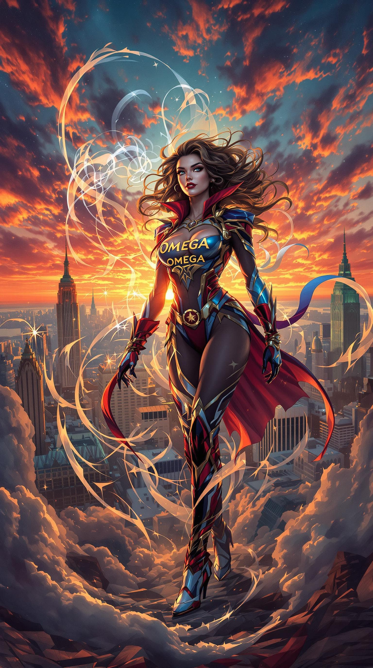 AI generated: A stunning female superhero, "OMEGA" embossed on her detailed outfit, stands heroically in a vibrant...