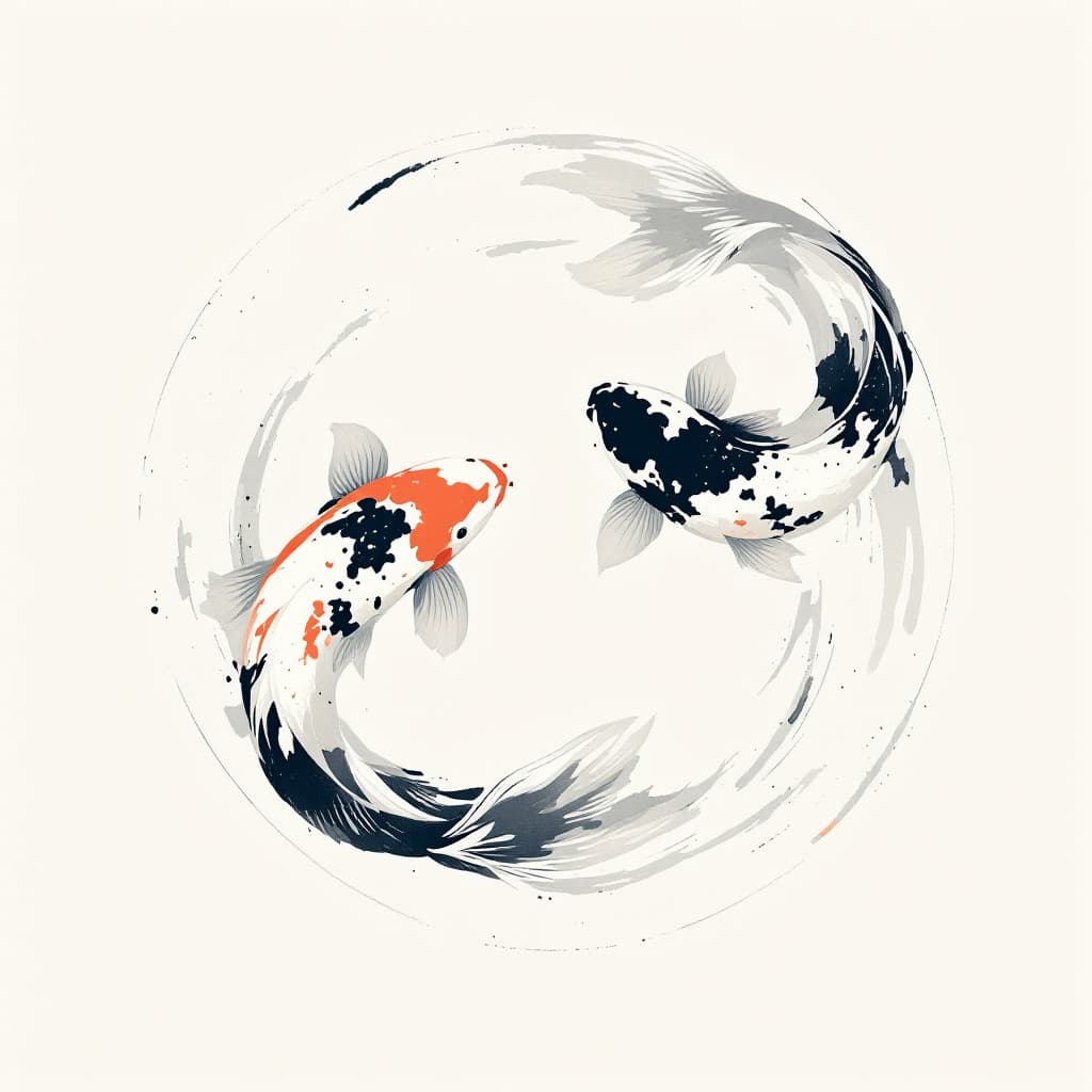 AI generated: Two elegant koi fish gracefully swimming in a circular motion, minimalistic modern wall art, soft br...