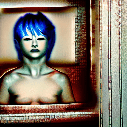 AI generated: glory hole, 1girl, hetero, 1boy, penis,hole, blue hair,breasts,  cleavage, solo focus, bare shoulder...