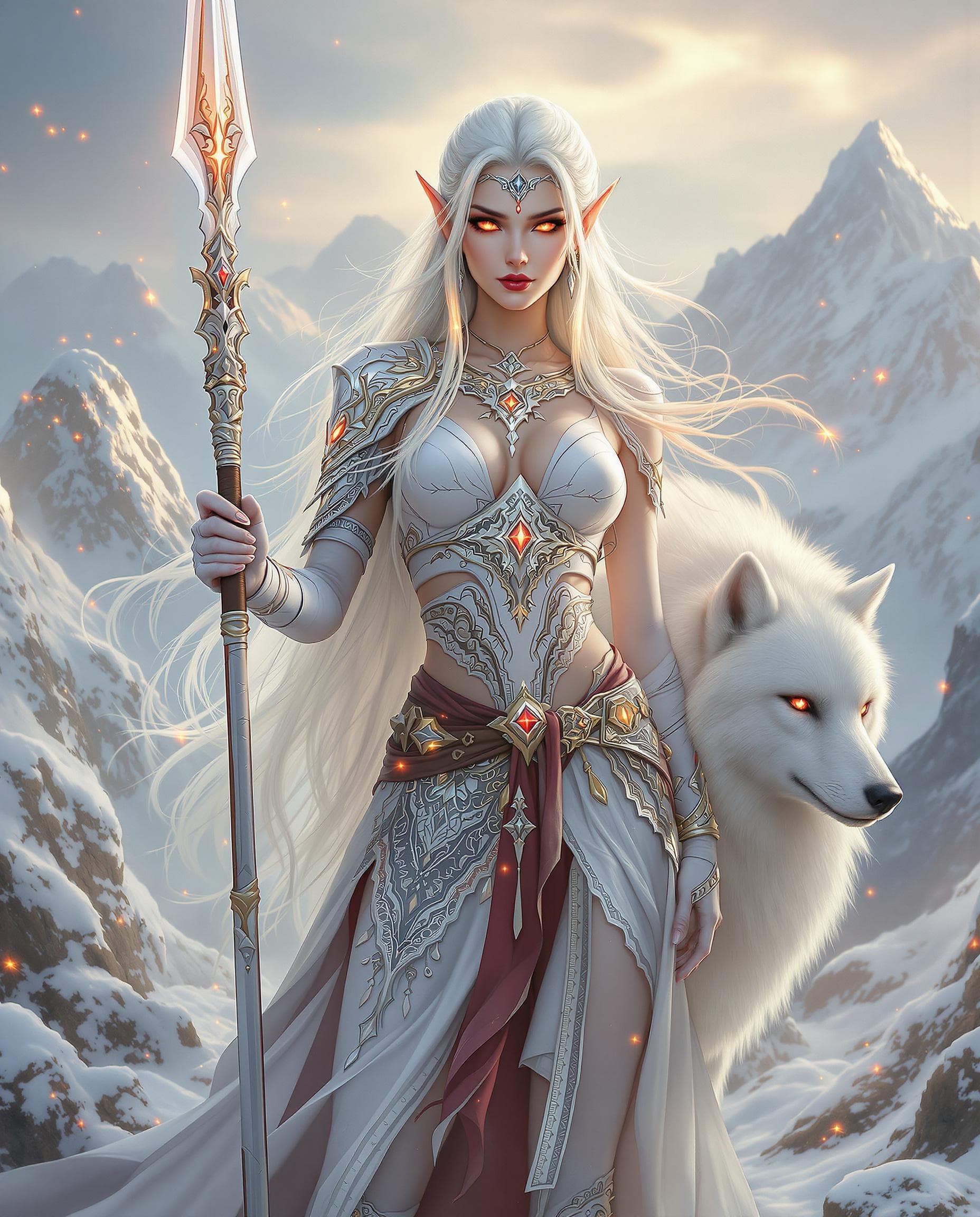 AI generated: A highly detailed and ethereal fantasy illustration of a fierce female elven warrior in full-body vi...