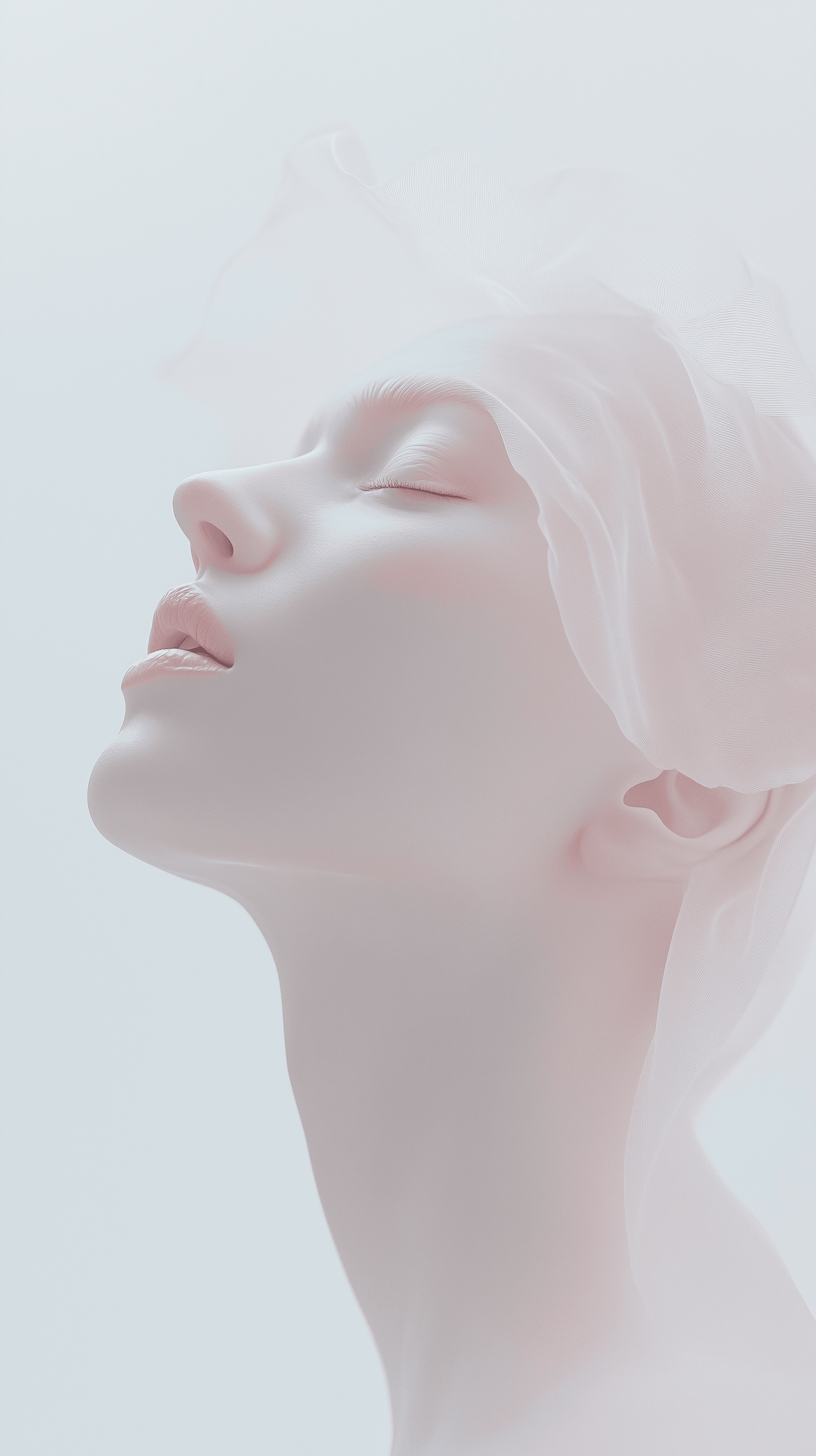 AI generated: surreal portrait of a woman, dramatically titled back against a white background, hair and features ...