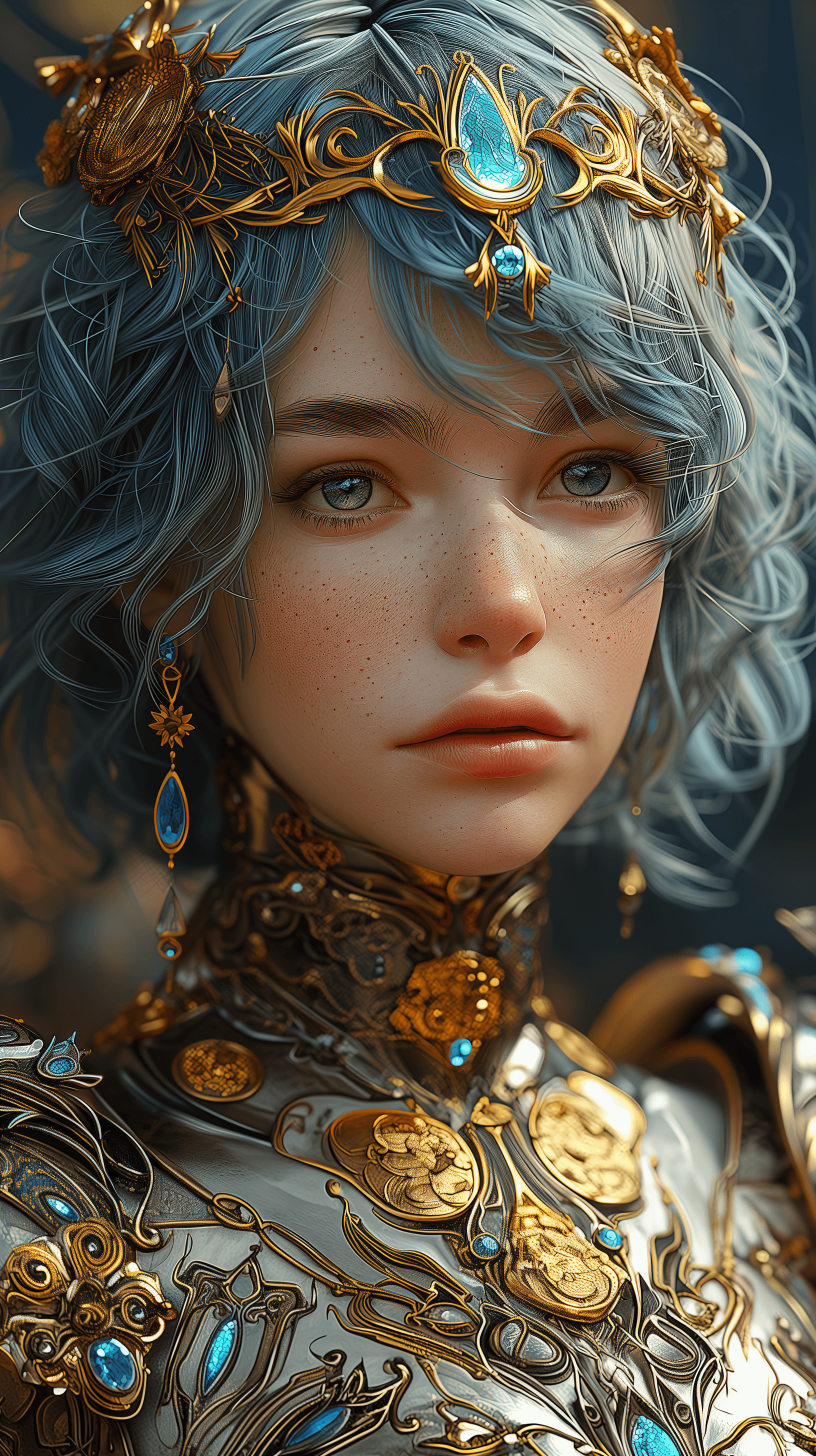 AI generated: beautiful female warrior, short blue hair, shimmering jewels armor, in the style of Alfons Mucha, wi...