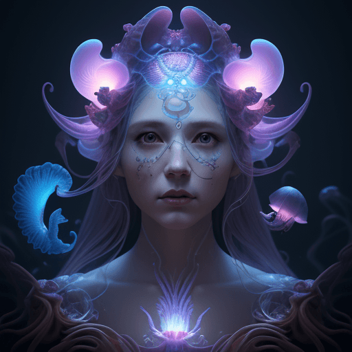 AI generated: Goddess close-up portrait ribcagel. jellyfish phoenix head, nautilus, orchid, skull, betta fish, bio...