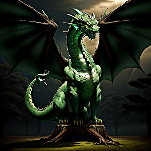 AI generated: green 7 head dragon standing old tree 
light, pale sunrise, cinematic lighting, 