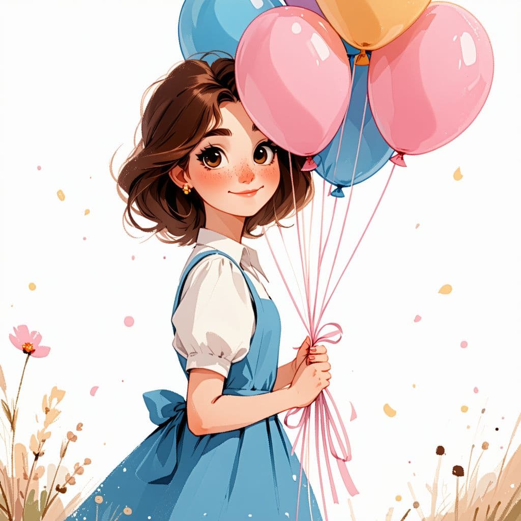 AI generated: Flat illustration, line art, Disney style, A lovable and charming girl holding style balloon bouquet...