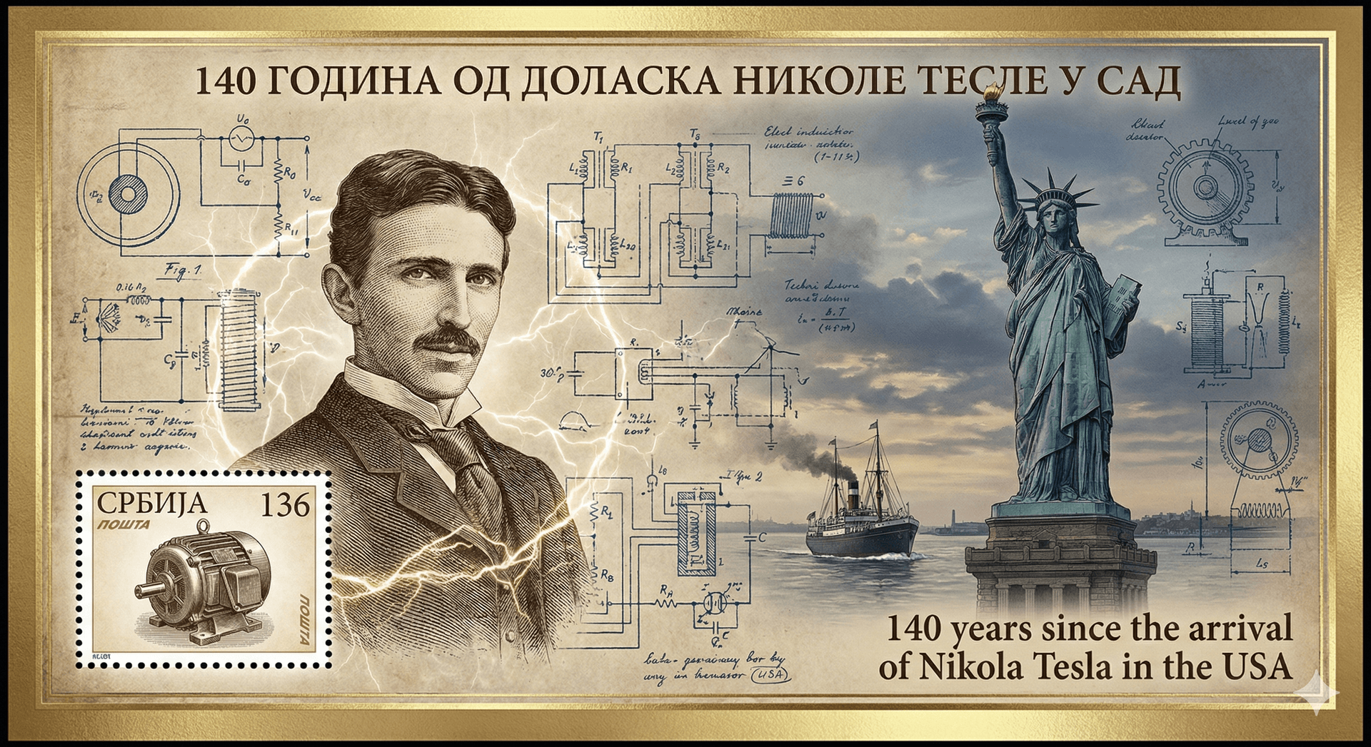 AI generated: a design for a Serbian postage stamp block commemorating the 140th anniversary of Nikola Tesla's arr...