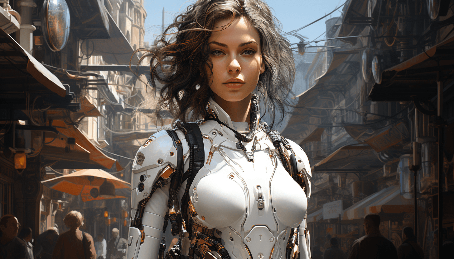 AI generated: Full body female, neo-futuristic,mechanical, cyborg, white, by Martin Deschambault --ar 7:4 --styliz...