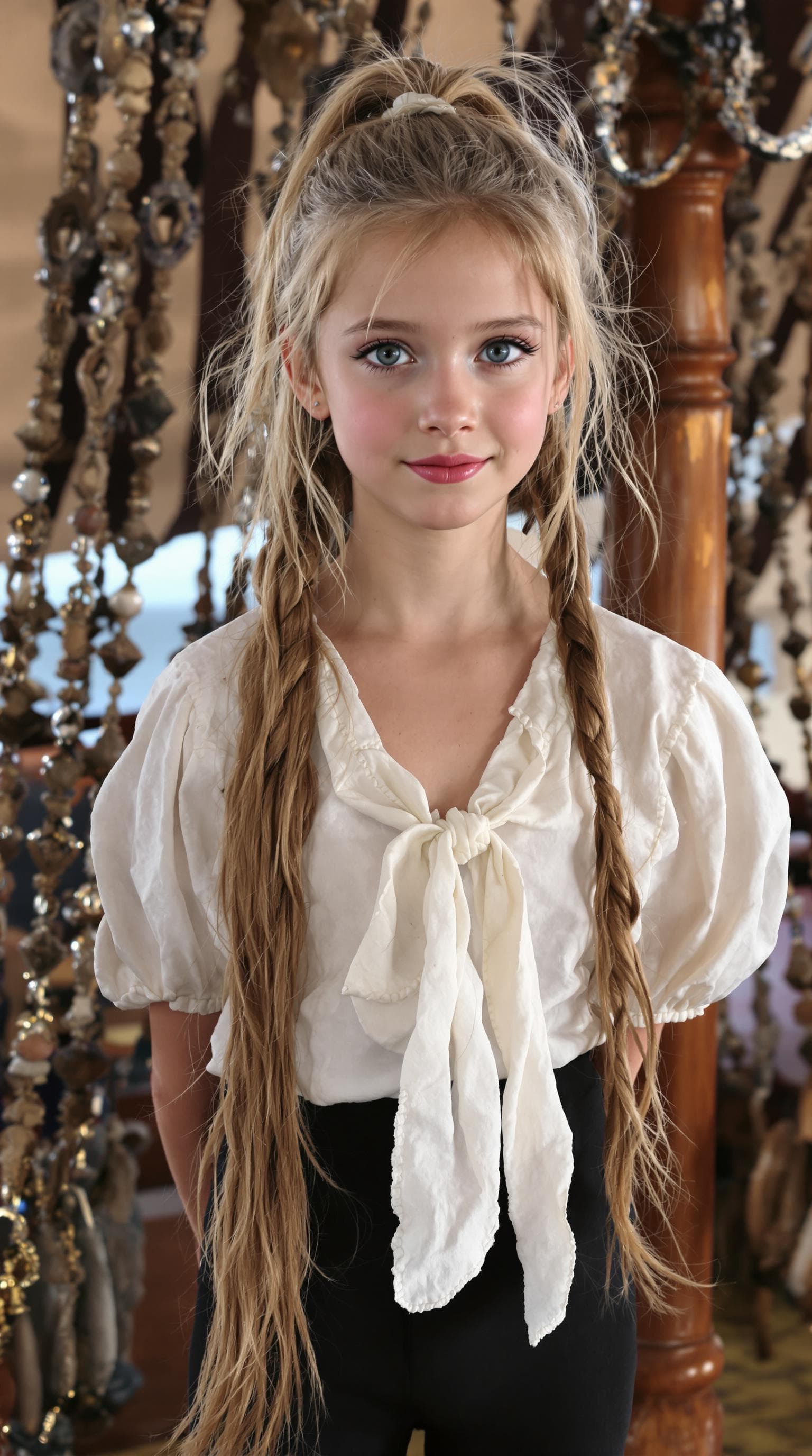 AI generated: a professional photo of a exceptionally beautiful girl aboard pirate ship at sea (age 8), (eight yea...