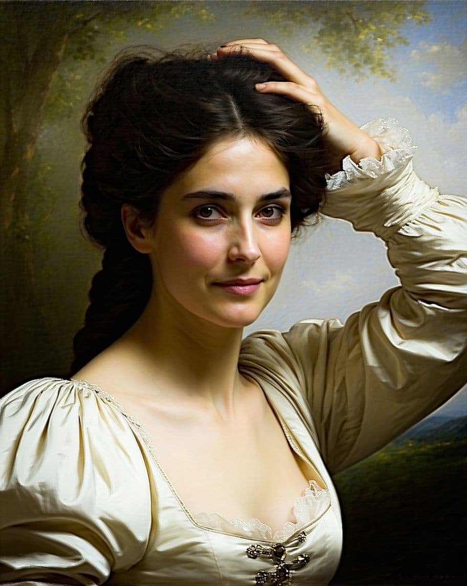 AI generated: 

Neoclassical oil painting of a middle aged woman in the time of Napoleon, pretty eyes, she is touc...