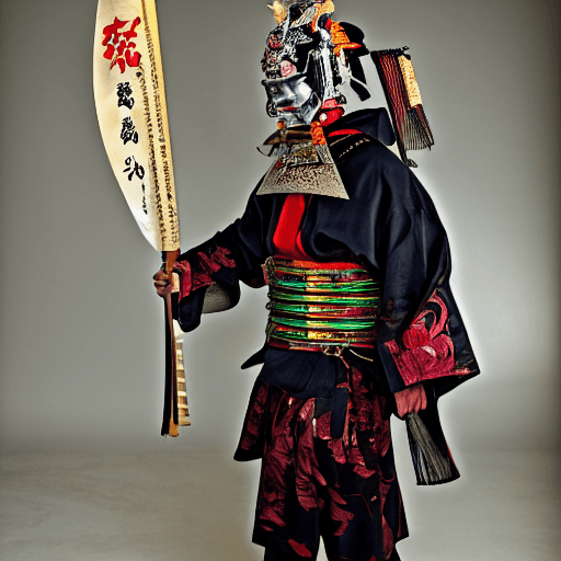 AI generated: high resolution photography full length, samurai warrior , wearing a Hannya mask, simetris 