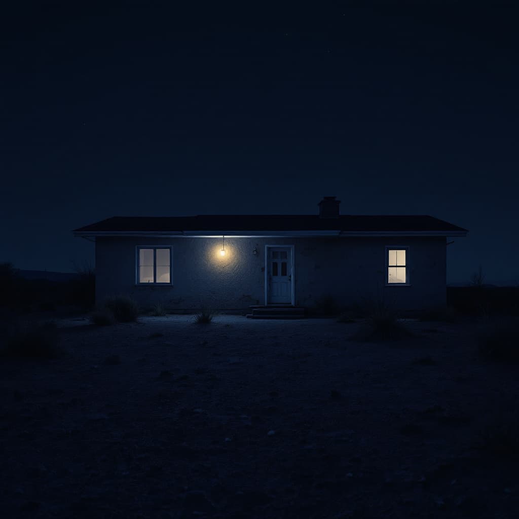 AI generated: A lone, abandoned house in the desert at night with light from an open window shining on its exterio...