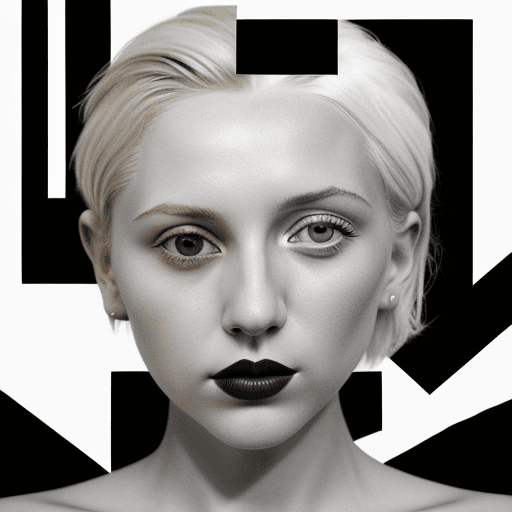 AI generated: magazine and newspaper collage of A close-up portrait of a woman with short platinum blonde hair, in...