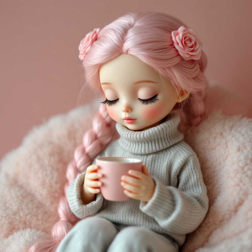 AI generated: A young, Caucasian doll, approximately 10-12 years old, sits in a relaxed pose, gazing peacefully at...