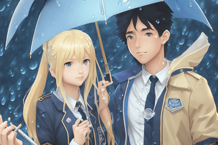AI generated: couple of blonde girl in a college uniform and black haired boy with college uniform, under an umbre...