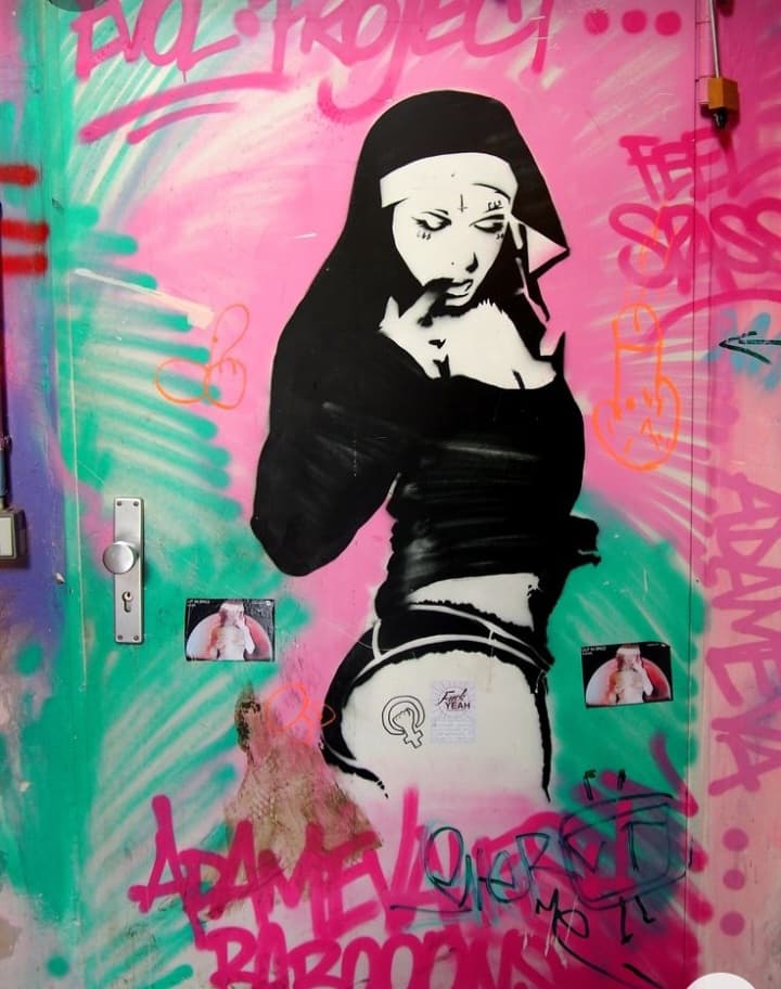 AI generated: a painting of a nun smoking a cigarette, style of banksy, religious art,  art, nun, banksy graffiti,...
