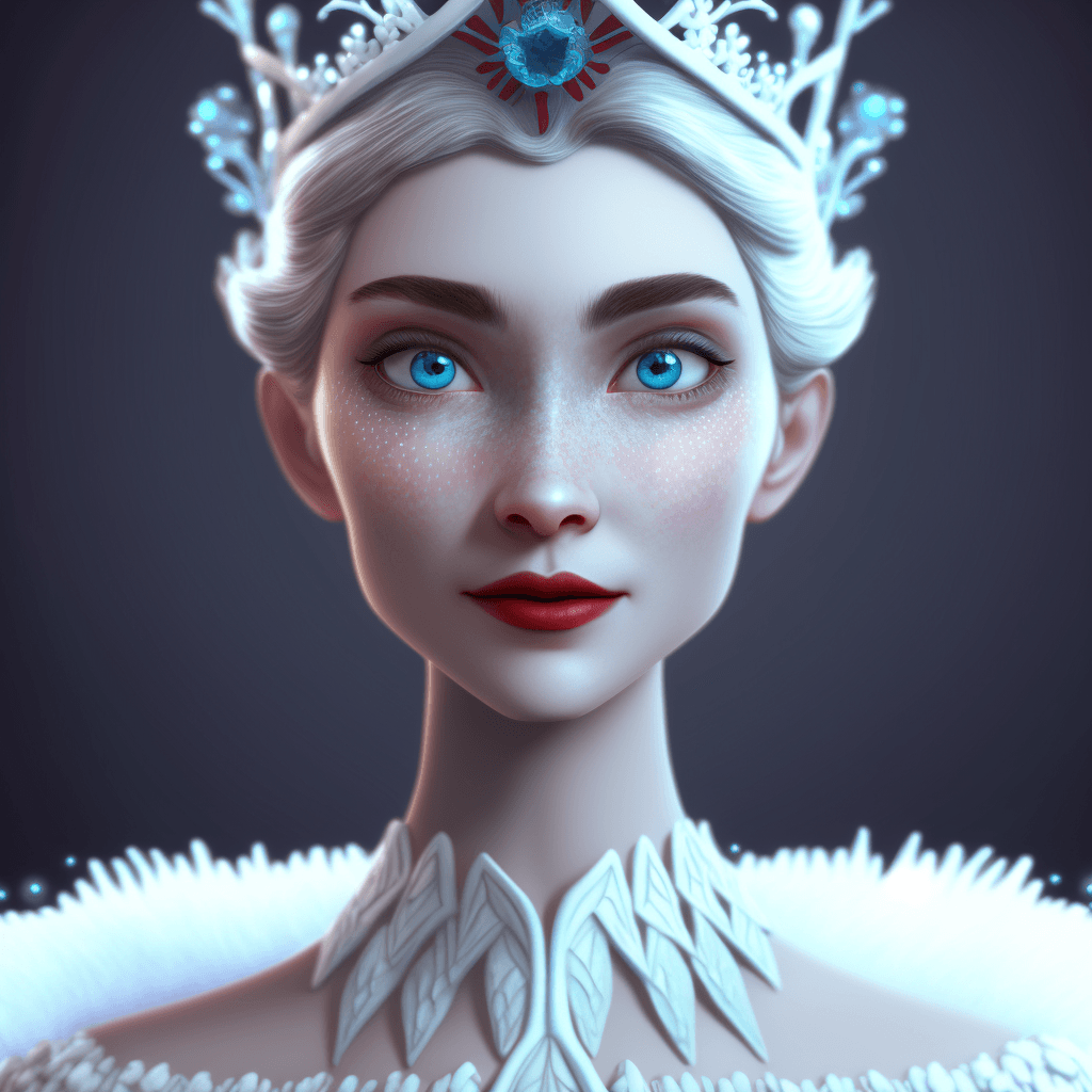 AI generated: pixar snow queen, symmetrical face, beautiful, bright blue eyes, deep red lipstick, frost dress, ray...