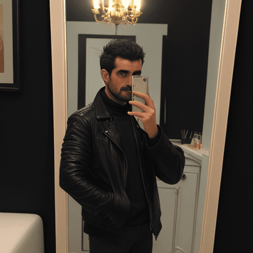 AI generated: Spanish man taking a selfie in front of a mirror, wearing a black jacket with a short  hair.