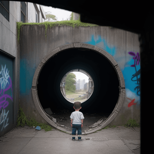 AI generated: A little boy on a dilapidated sidewalk looking through a dirty graffiti wall into a round portal, in...