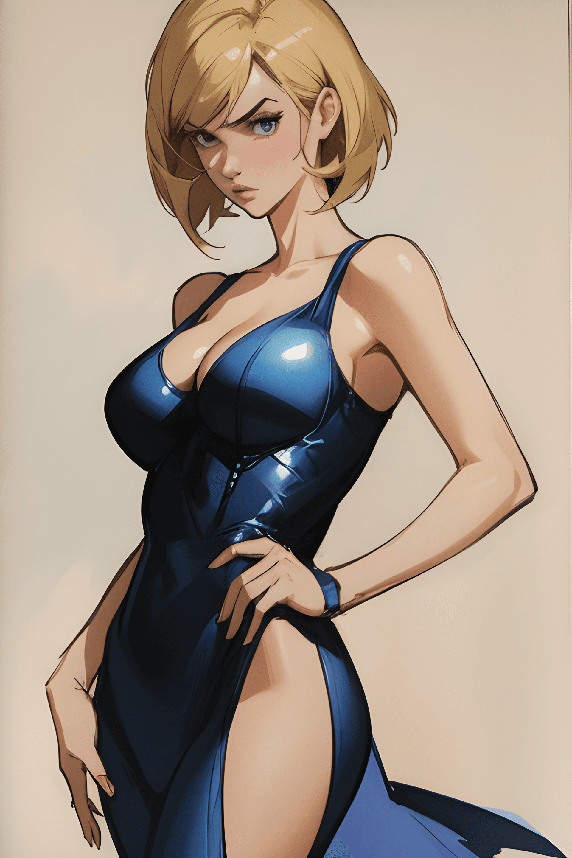 AI generated: a drawing of a woman in a blue dress, a gouache, by José Comas Quesada, tumblr, digital art, frank c...