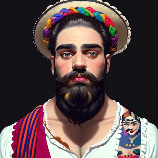 AI generated: A bearded strong handsome man, similar to a circus performer, painted in the style of Frida Kahlo, l...
