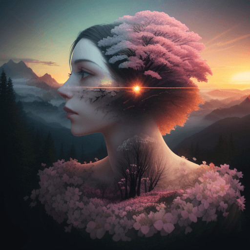 AI generated: Double Exposure Human-Nature, trees, flowers, mountain, sunset, nature mind, expressive creative art...
