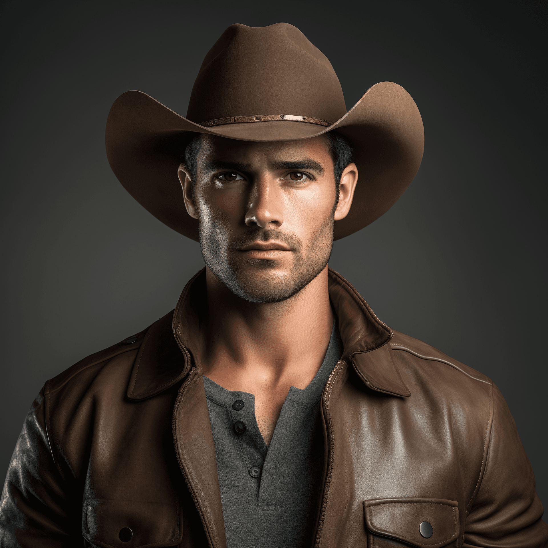 AI generated: Portrait of handsome cowboy wearing brown leather jacket and grey shirt, he is also wearing western ...