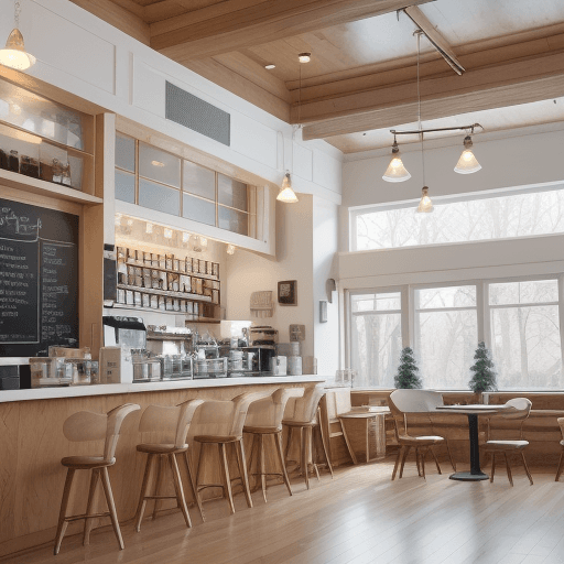 AI generated: photograph a cozy coffee shop as it's graced with the soft light of morning, the design features a s...