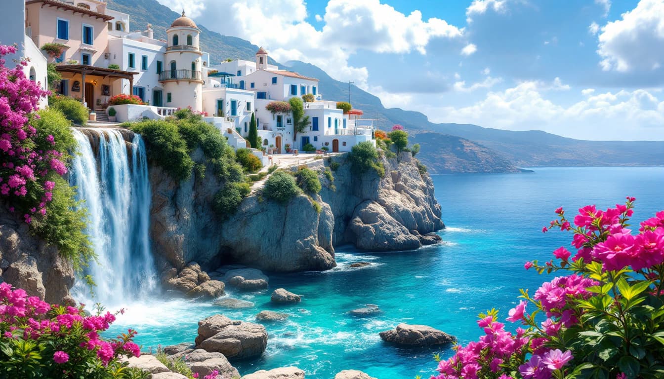 AI generated: a mesmerizing, fictive, dreamlike Mediterranean landscape with a lush, vibrant waterfall cascading d...