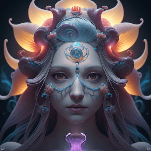 AI generated: Goddess close-up portrait ribcagel. jellyfish phoenix head, nautilus, orchid, skull, betta fish, bio...