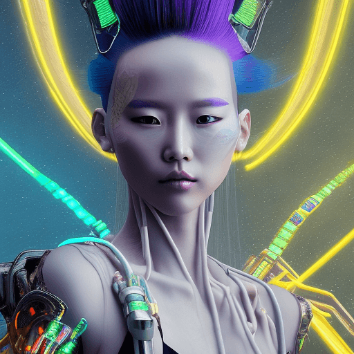 AI generated: A hyper-realistic, photorealistic full-body portrait of a cyberpunk geisha woman with vibrant, neon-...
