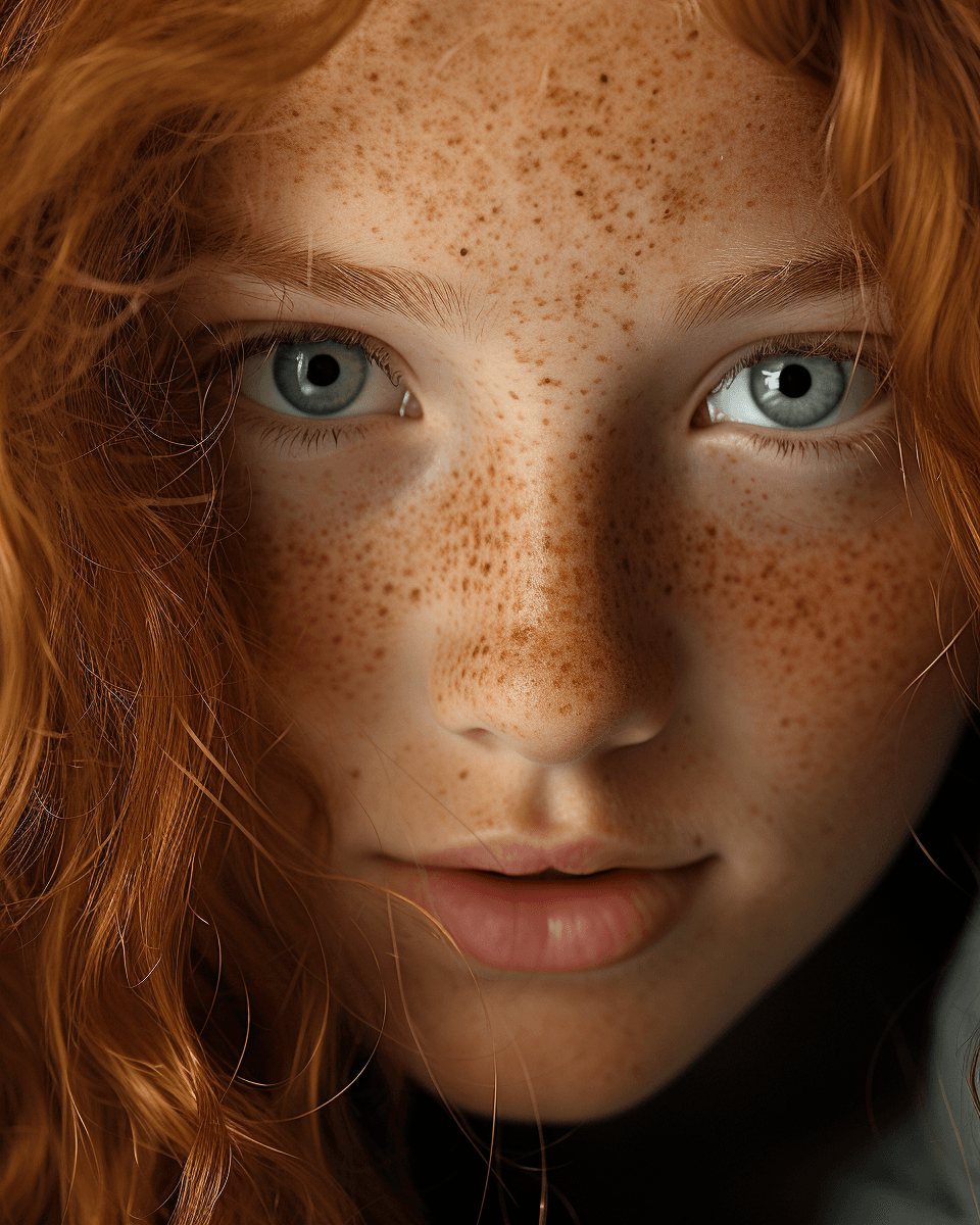 AI generated: Portrait Photography, A highly detailed close-up of a content woman looking left, with prominent, br...