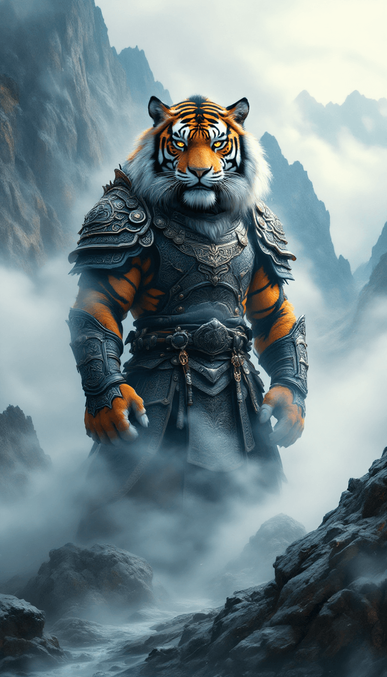 AI generated: A majestic tiger, clad in intricately designed ancient Oriental armor, stands proudly in the foregro...