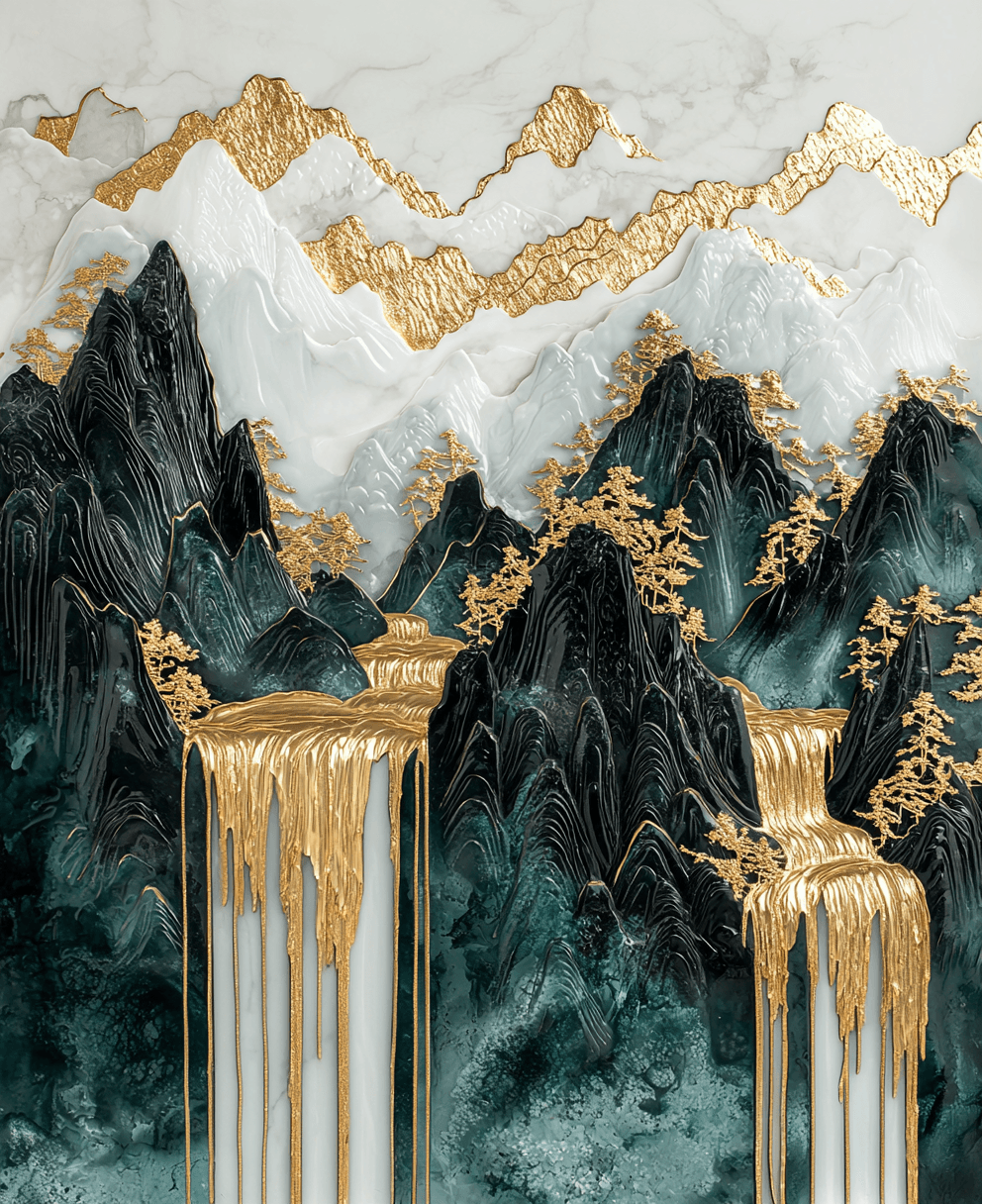 AI generated: Gold and black marble relief, aerial view of the mountains with waterfalls flowing down them. The co...