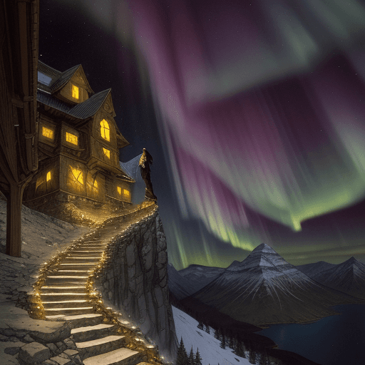 AI generated: Medieval mountainside, hooded monk boy climbing mountain, aurora borealis in the sky, in the style o...