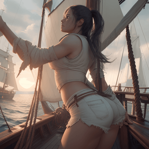 AI generated: Photo of a ultra realistic women wearing skin-tight shorts on a sailing ship, showing off their bado...