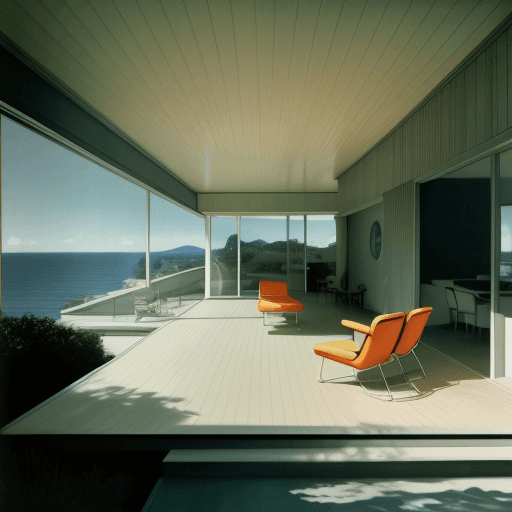 AI generated: Hyper realistic eye level exterior photo of a mid century modern style house overlooking the ocean, ...