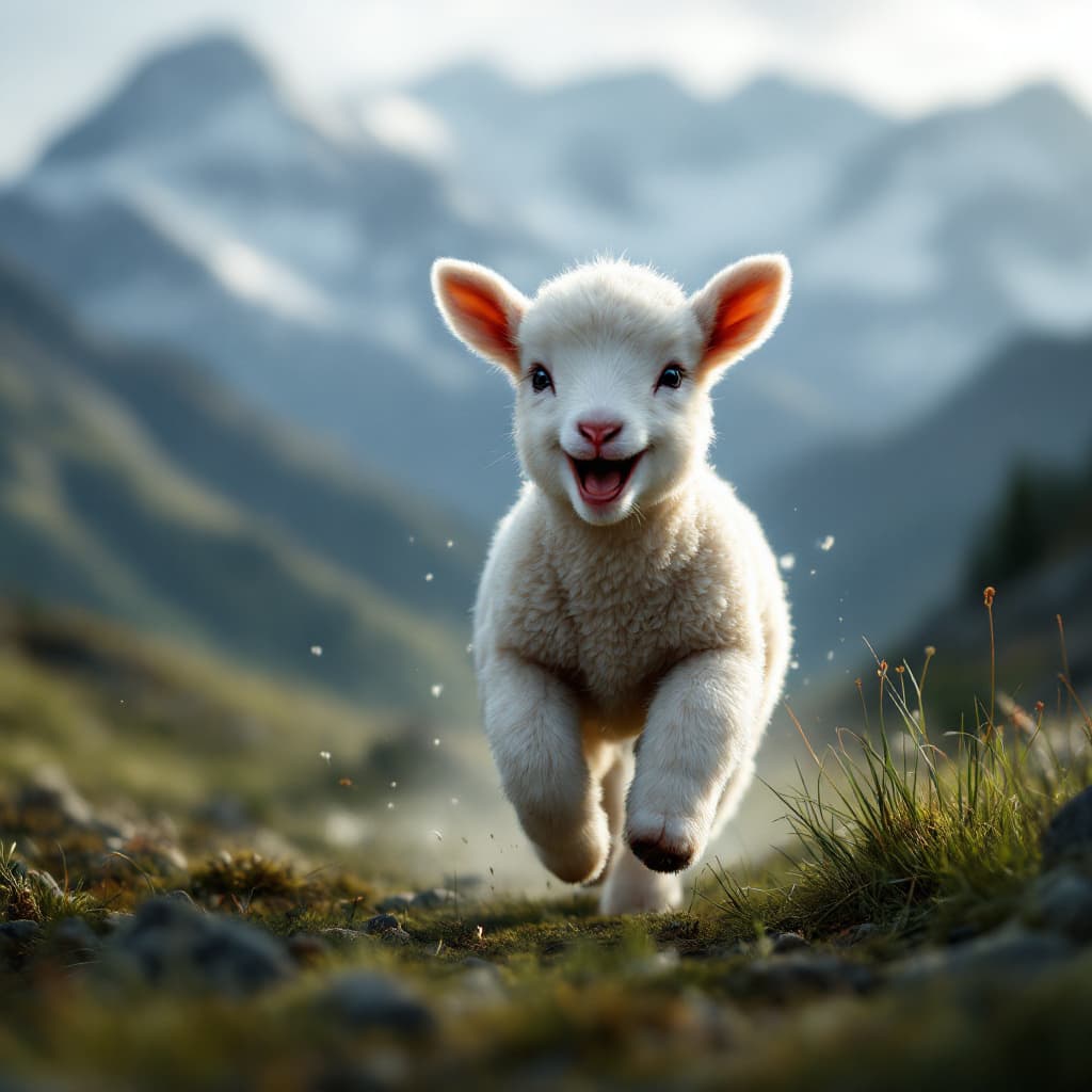 AI generated: a baby lamb running and laughing, at mountain, dark lights, cinematic, hyper realistic, detalied, 4k...