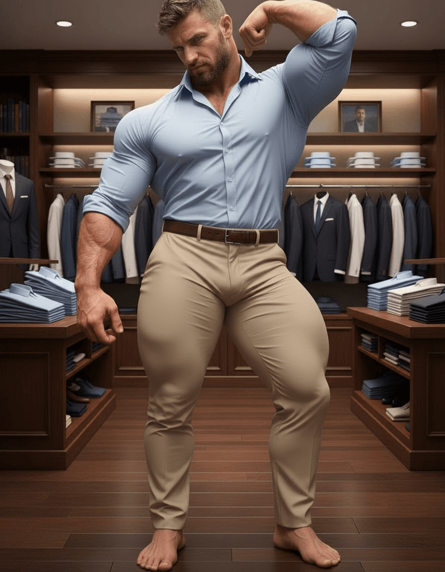 AI generated:  His pants are beige. has one hand on his side the other one his waist. 